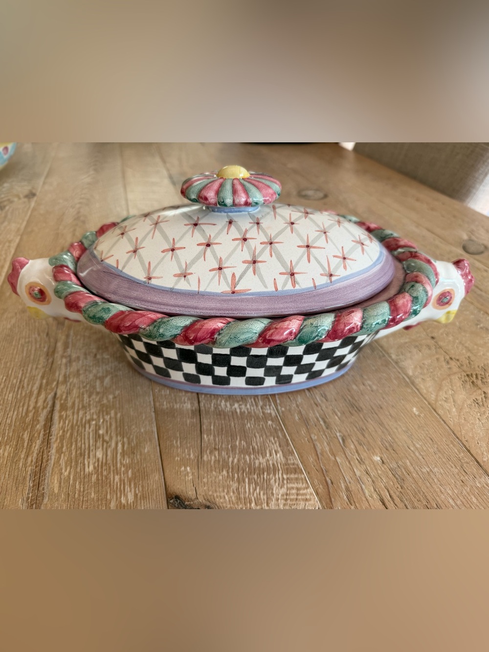 MacKenzie-Childs Piccadilly double-chicken covered casserole dish vintage